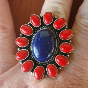 Flower Ring made with Lapis Lazuli & Red Coral Gemstones in 925 Sterling (7)